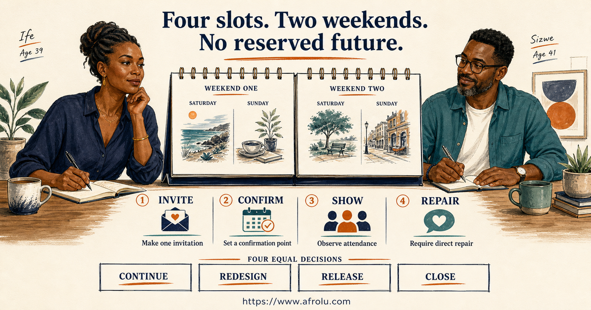 Ife and Sizwe using four weekend calendar slots for invitation confirmation attendance and repair