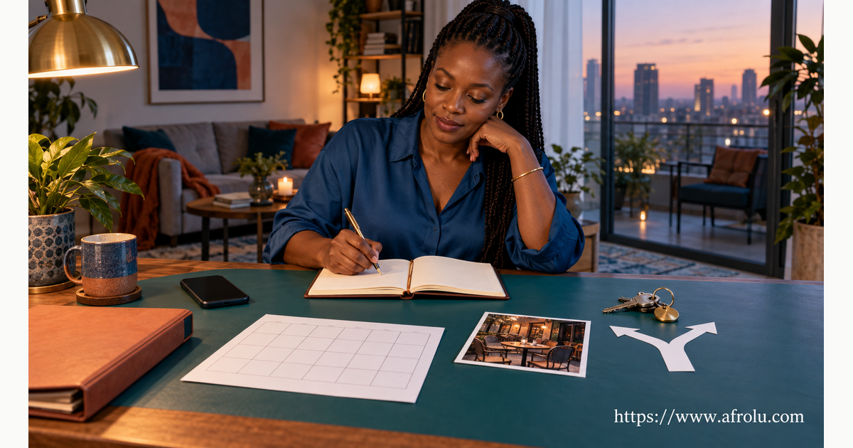 Professional adult reviewing a calm casual-dating map that separates work focus, clear contact, public plans, privacy and independent choice