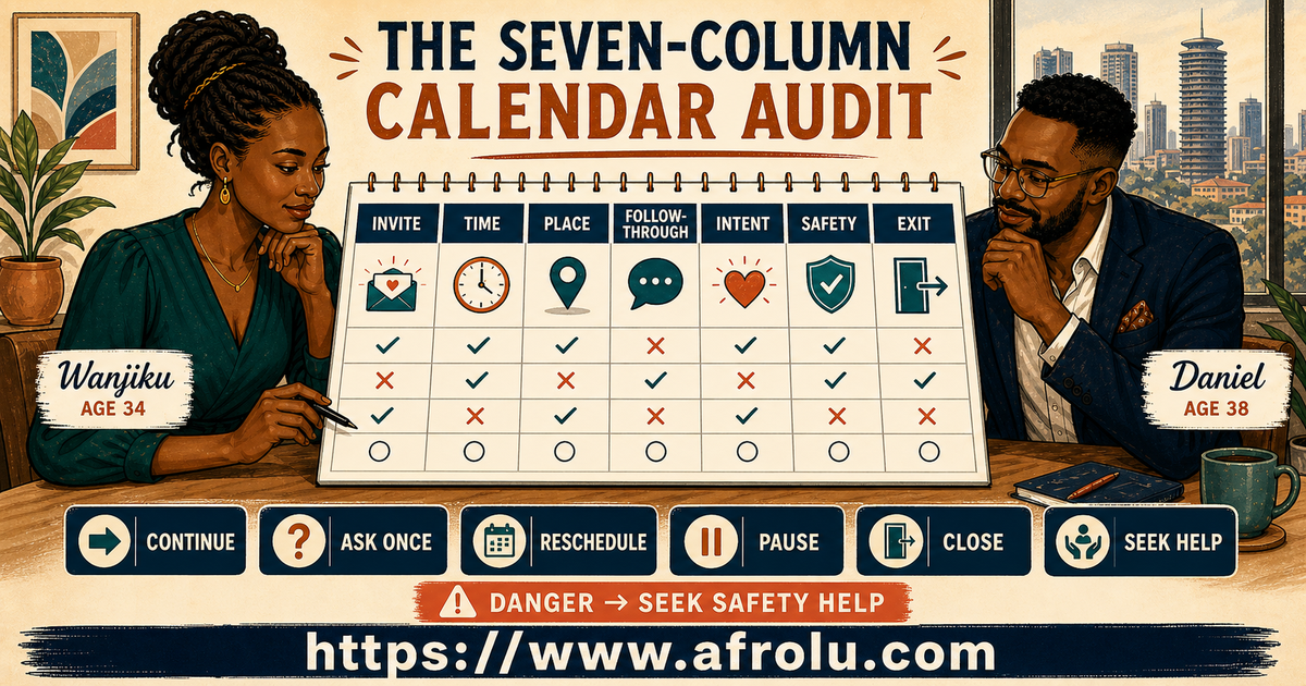Wanjiku and Daniel auditing seven serious-dating calendar columns for invitation time place follow-through intent safety and exit