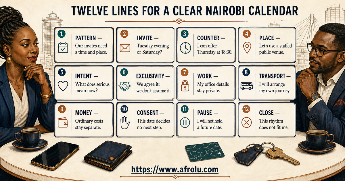 Twelve serious-dating clarity lines for Nairobi professionals covering invitation schedule intent work privacy meetings money consent and closure