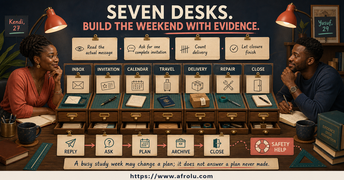 Kendi age 27 and Yusuf age 29 reviewing seven weekend dating evidence desks from inbox to closure