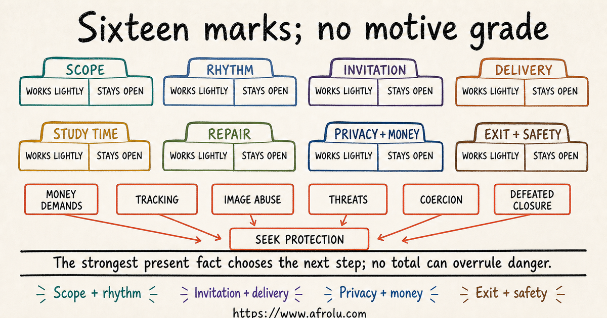 Sixteen paired evidence marks for adult student scope timing planning repair privacy money consent and exit