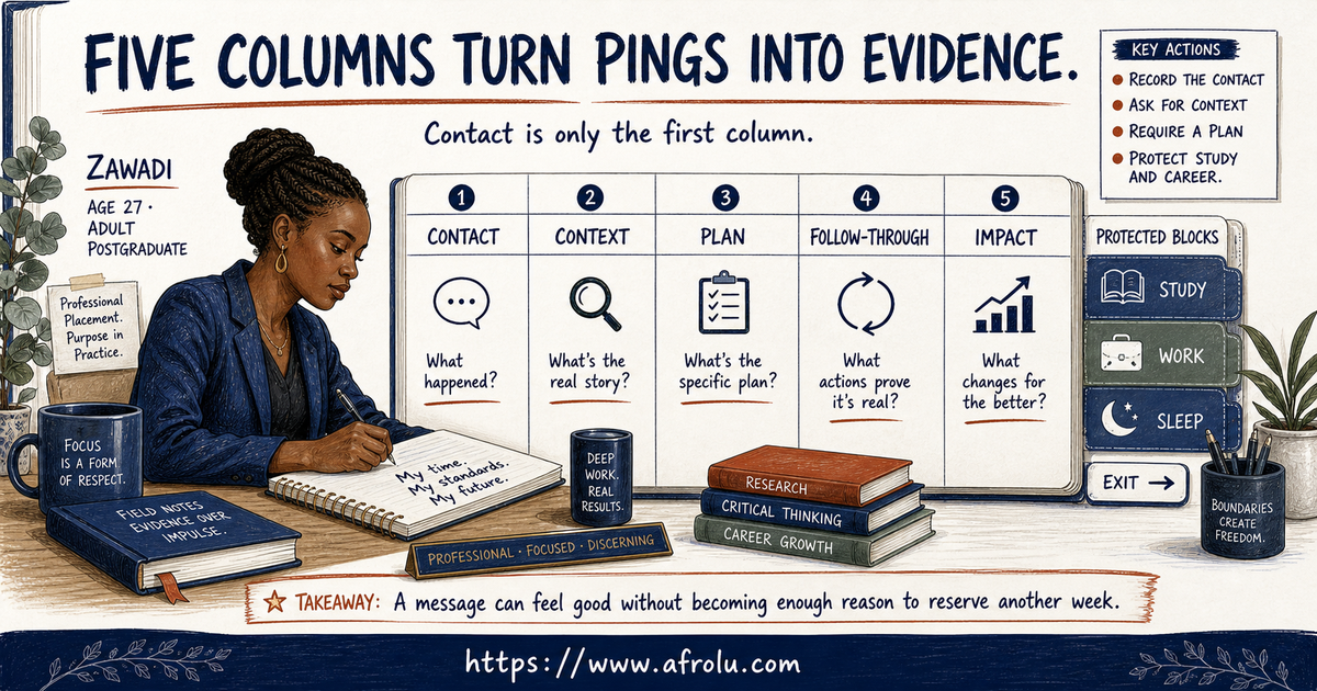 Zawadi reviewing contact context plans follow-through and impact in an adult-student dating ledger