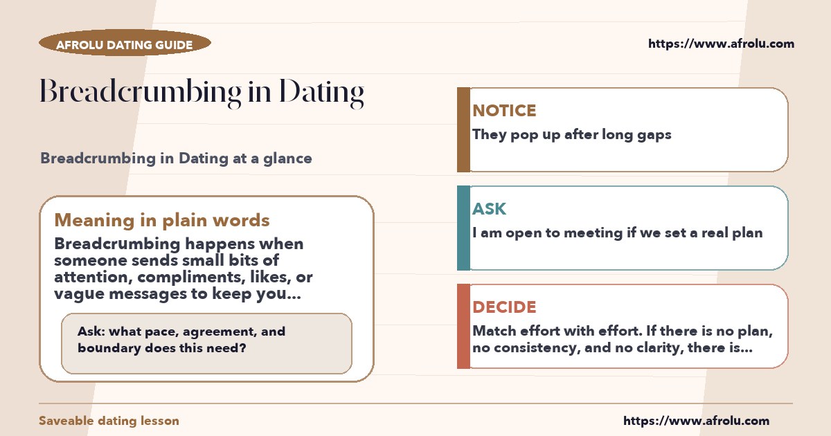 Afrolu educational guide cover showing what "breadcrumbing in dating" means
