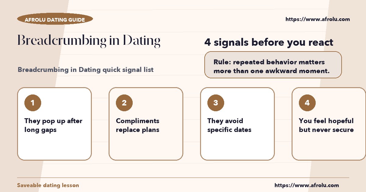 Checklist graphic explaining the most common signals for breadcrumbing in dating