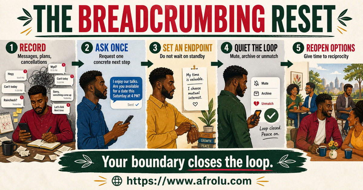 Five-step breadcrumbing reset showing how to record facts, ask once, set an expiry, mute the loop, and reopen options