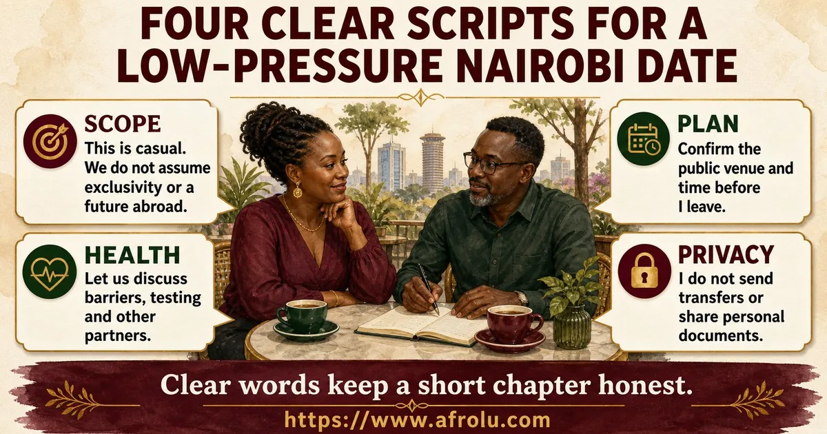A mature Nairobi couple uses four direct scripts for casual scope, public plans, health consent, and personal privacy.