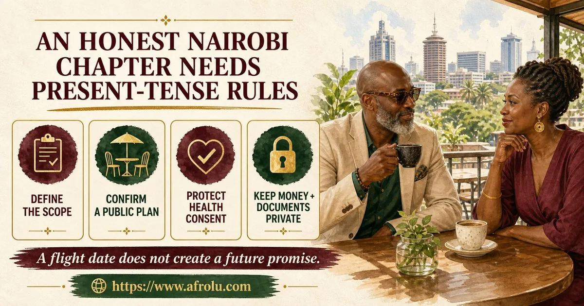 A mature diaspora visitor and Nairobi-based date define casual scope, public plans, health consent, and privacy without future pressure.