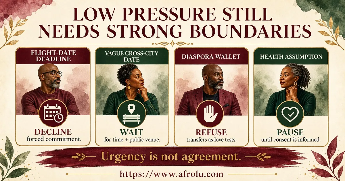 Four scenarios show how to refuse forced commitment, vague travel, financial tests, and uninformed health assumptions.