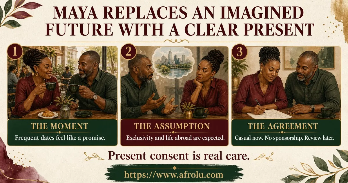 Maya and Otieno replace assumptions about exclusivity and life abroad with a modest agreement about casual scope and no sponsorship.