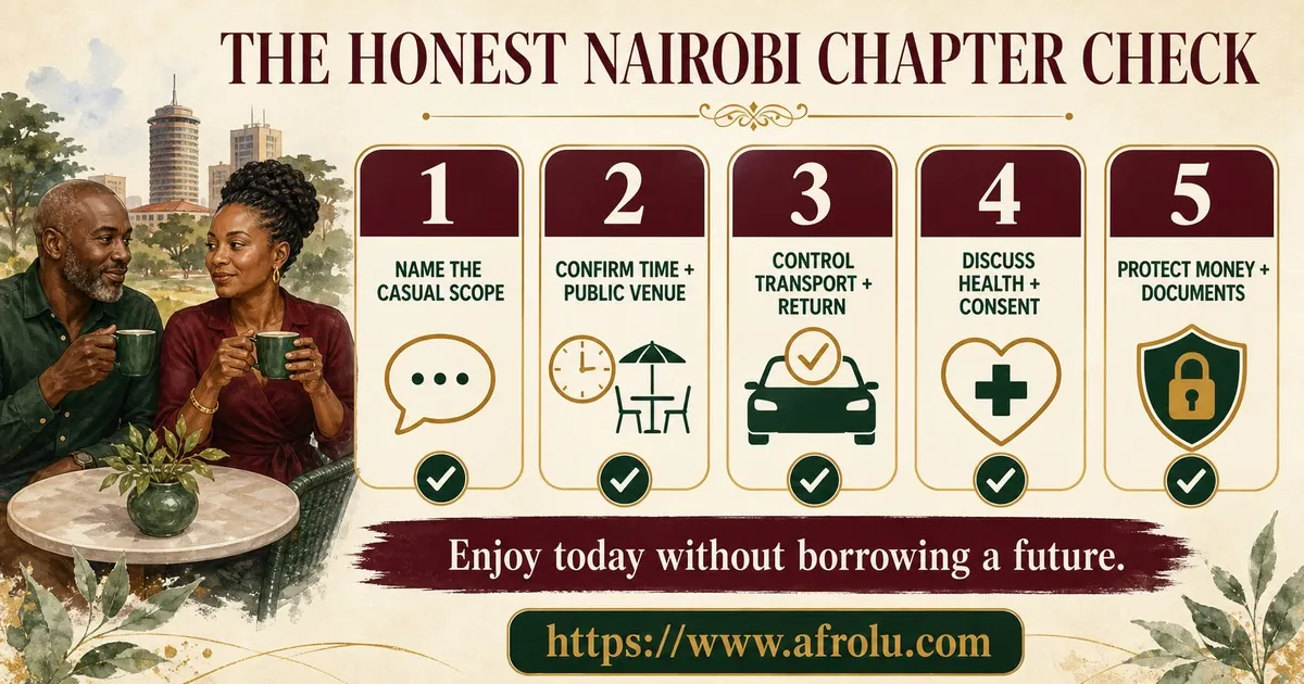 Five steps help diaspora and Nairobi daters define casual scope, confirm public plans, control transport, discuss consent, and protect finances.
