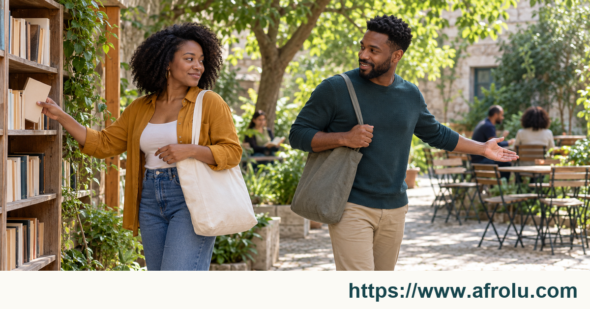 Two adults with tote bags face each other in a leafy public courtyard.