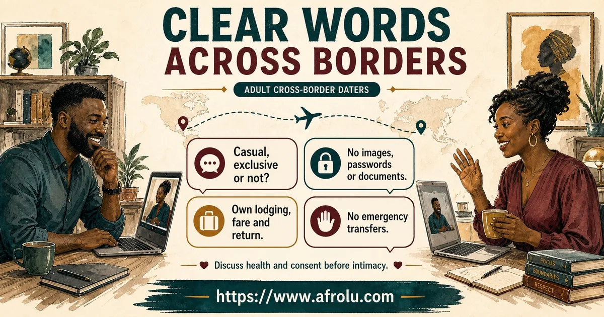 Two Black African adult cross-border daters discuss scope, images and documents, independent lodging and return, transfers, health and consent.