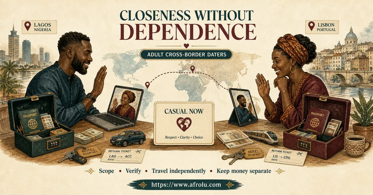 Two Black African adult cross-border daters define casual scope while each independently controls documents, money, lodging, transport and return.