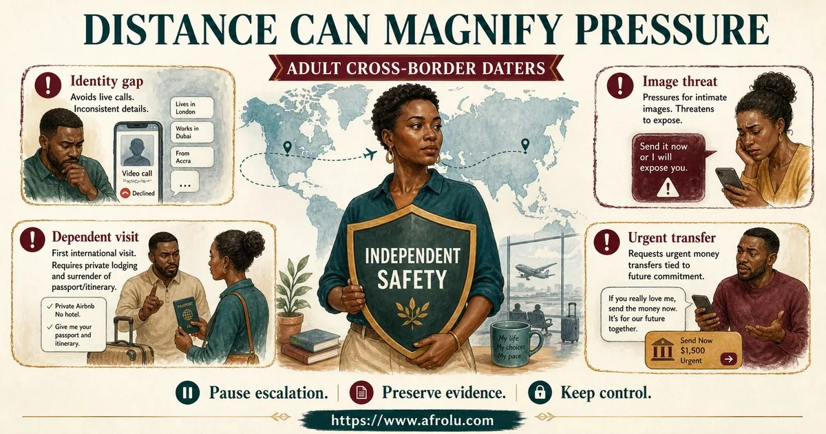Adult cross-border daters identify identity gaps, image threats, dependent visits and urgent transfers as escalation risks.