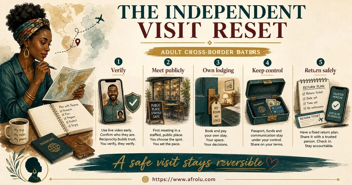 An adult cross-border dater verifies reciprocally, meets publicly, controls lodging and documents, and keeps a fixed return and trusted check-in.