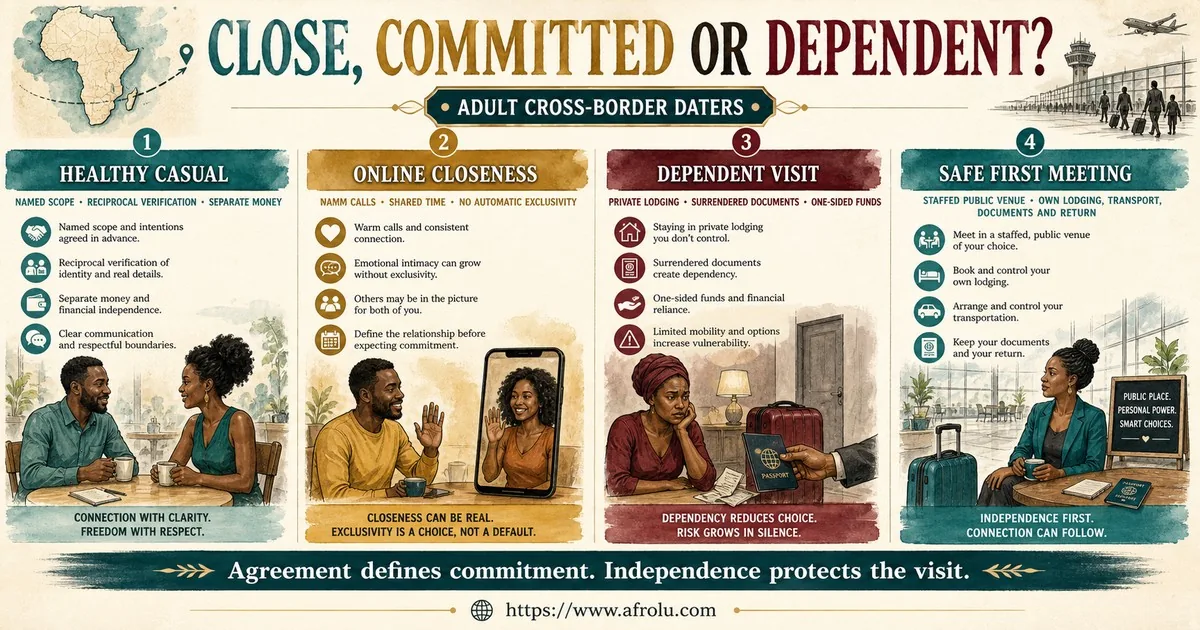 Adult cross-border daters compare healthy casual dating, online closeness, a dependent visit and a safe independent first meeting.