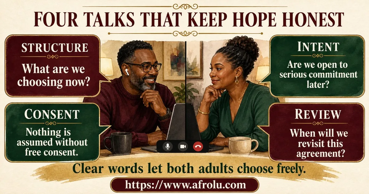 A mature diaspora couple discusses present structure, future intent, free consent, and when to review their agreement.