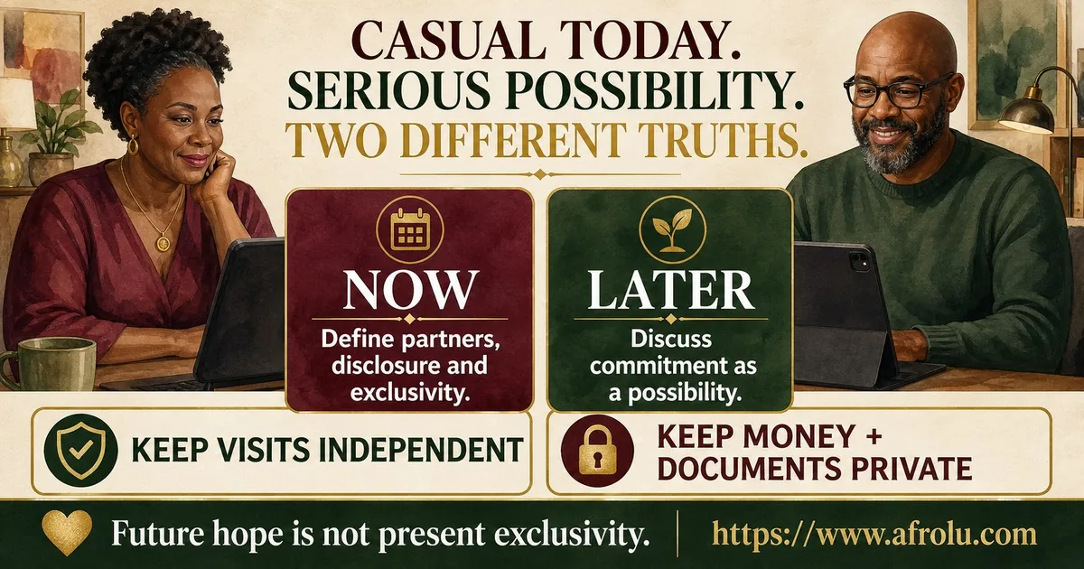 A mature diaspora couple separates today’s casual structure from possible future commitment while protecting visits, money, and documents.