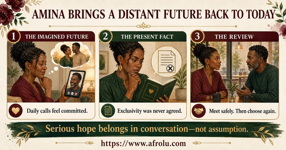 Amina notices that daily calls feel committed, checks the present agreement, and waits for safe meetings before choosing again.