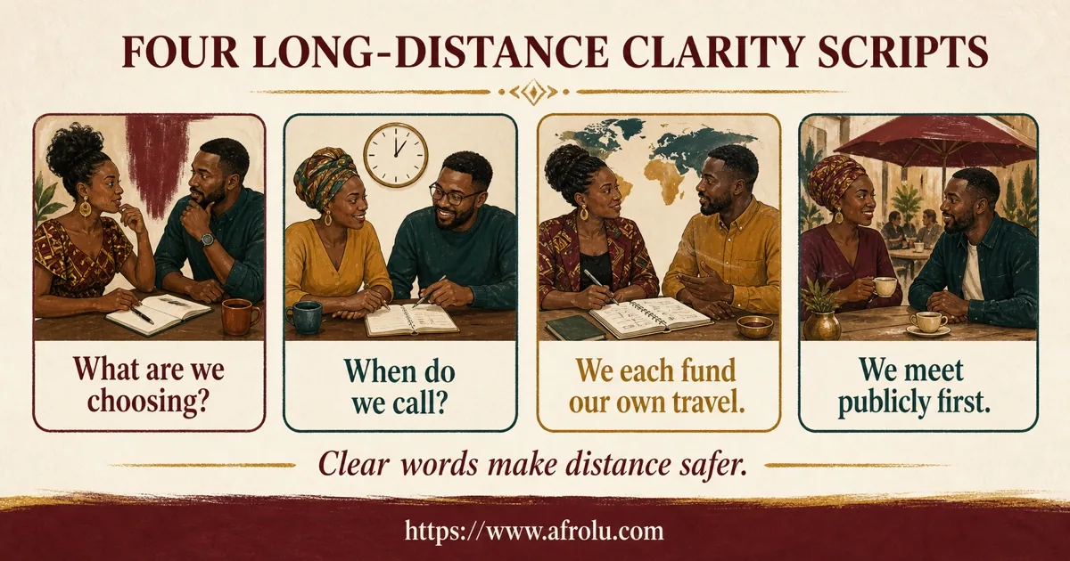 Adult-only explanatory conversation visual for clear faith-led long-distance casual dating.