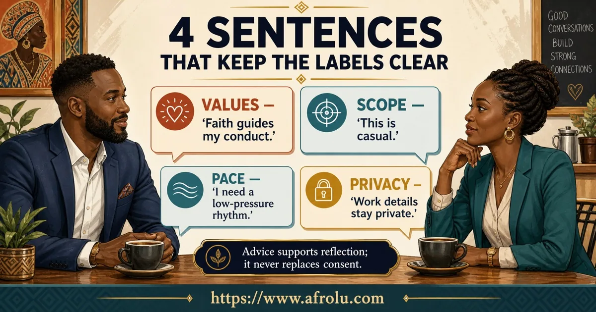 Two adult Black African professionals use four clear sentences for values, casual scope, low-pressure pace, and work privacy.