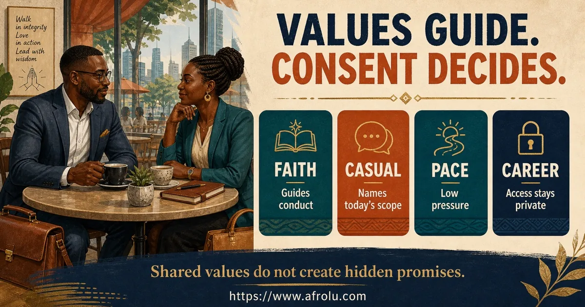 Two adult Black African professionals separate faith-guided conduct, casual scope, low-pressure pace, and career privacy.