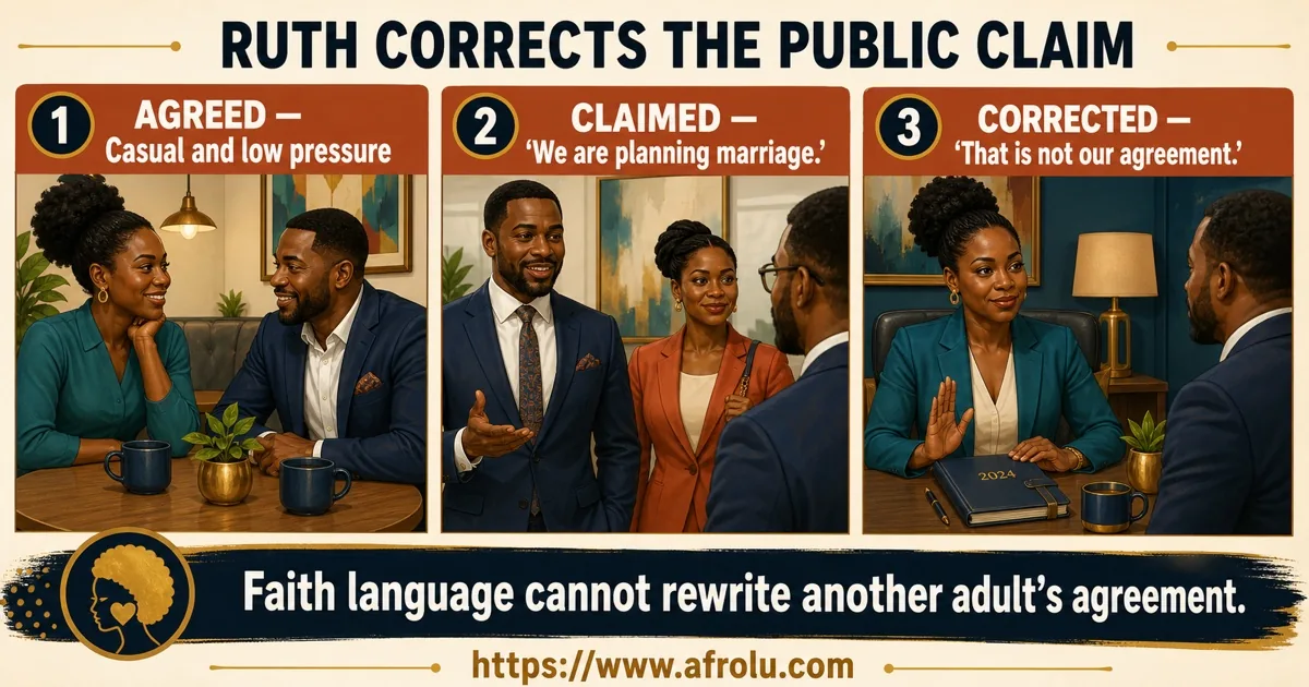 Three adult-only panels show Ruth correcting an unagreed public marriage claim and protecting her work calendar.