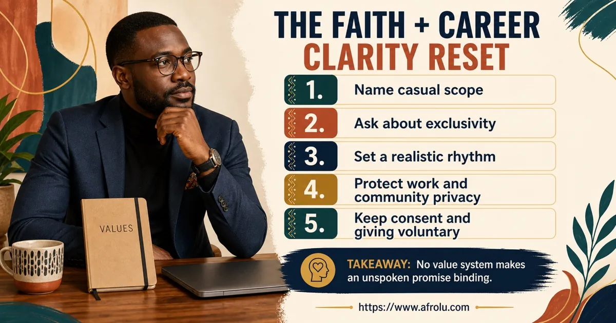 An adult Black African professional follows five interfaith-neutral steps to protect scope, rhythm, privacy, consent, and voluntary giving.