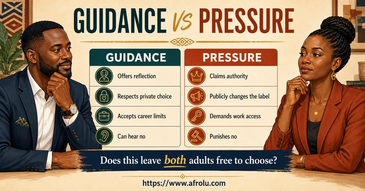 Two adult Black African professionals compare guidance that respects choice with pressure that claims authority and punishes boundaries.