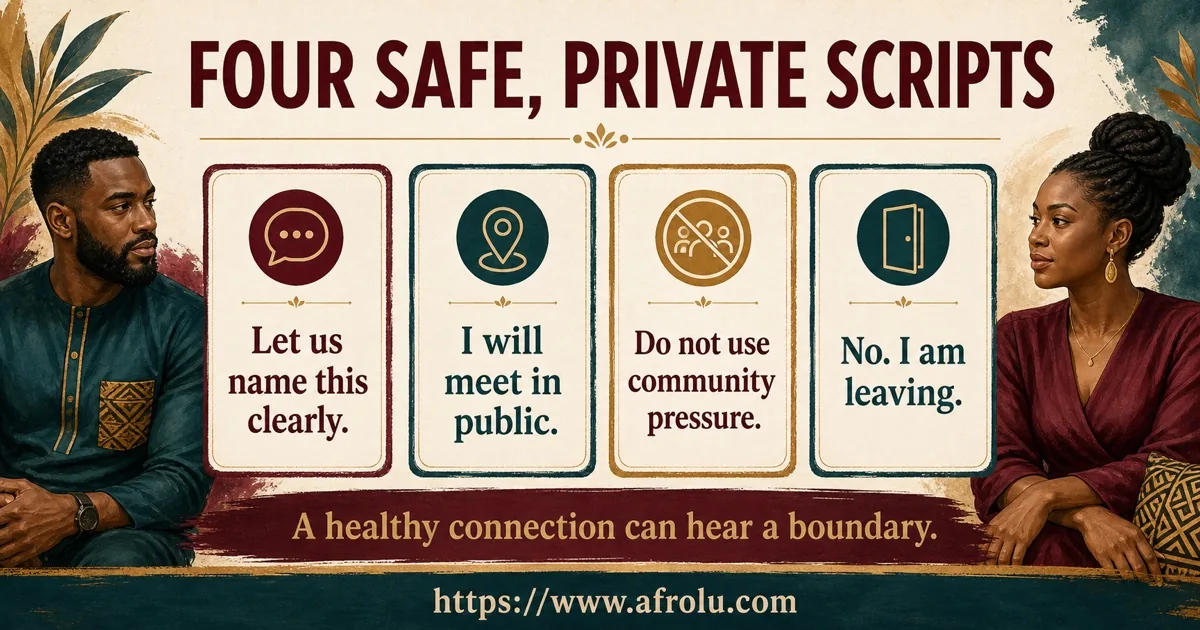 Four scripts name the connection, meet publicly, reject pressure and leave.