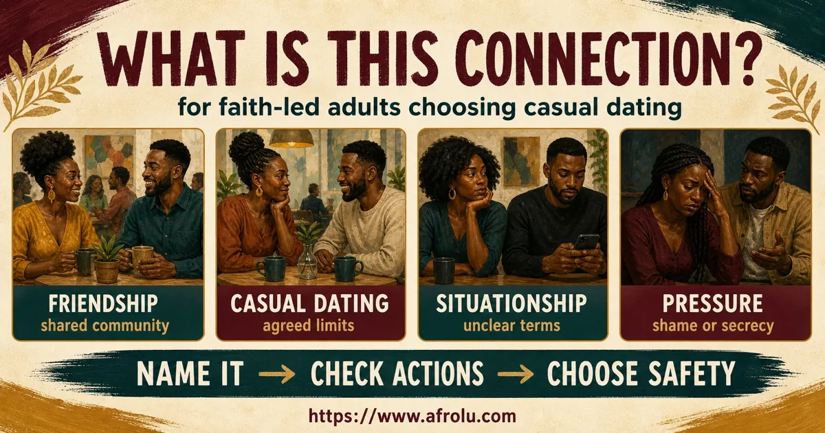 Four cards compare friendship, casual dating, a situationship and pressure.