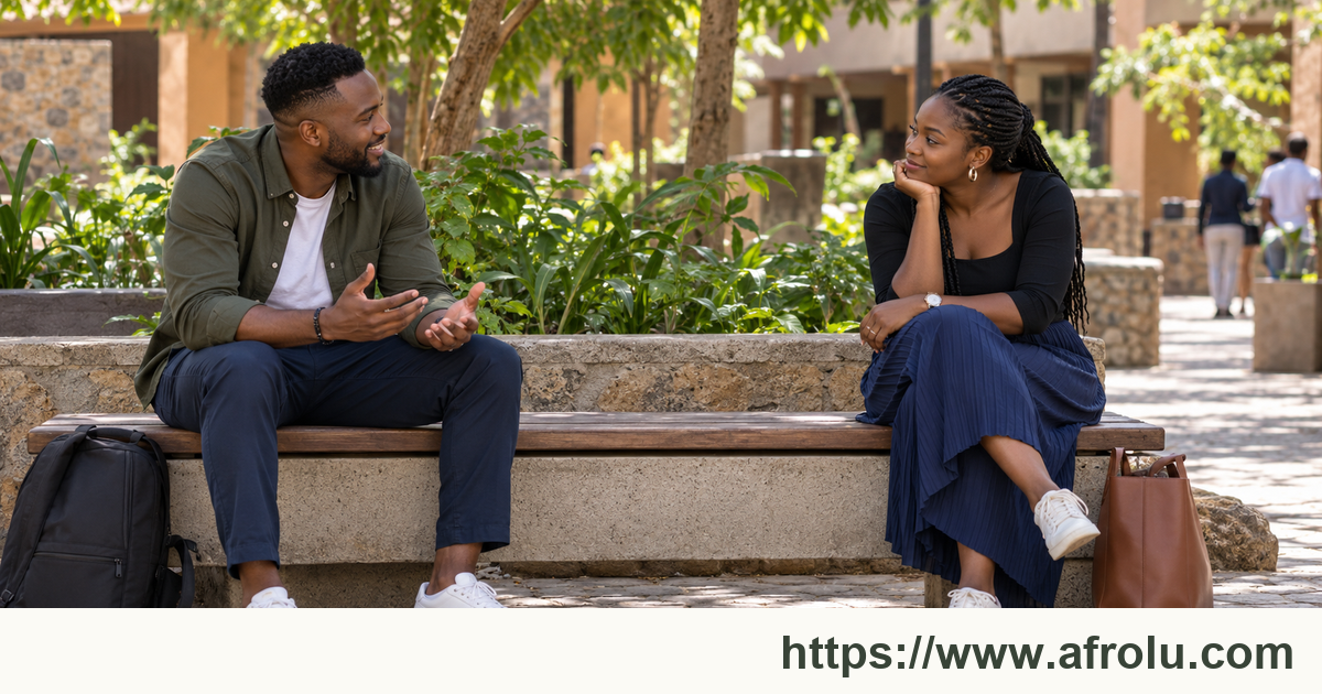 Two adults converse across a shaded bench in an outdoor public courtyard.