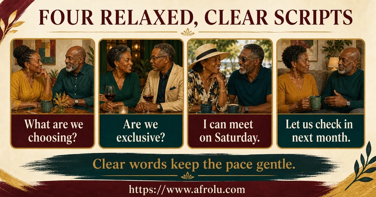 Four direct scripts help mature adults discuss connection, exclusivity, timing, and a future check-in.