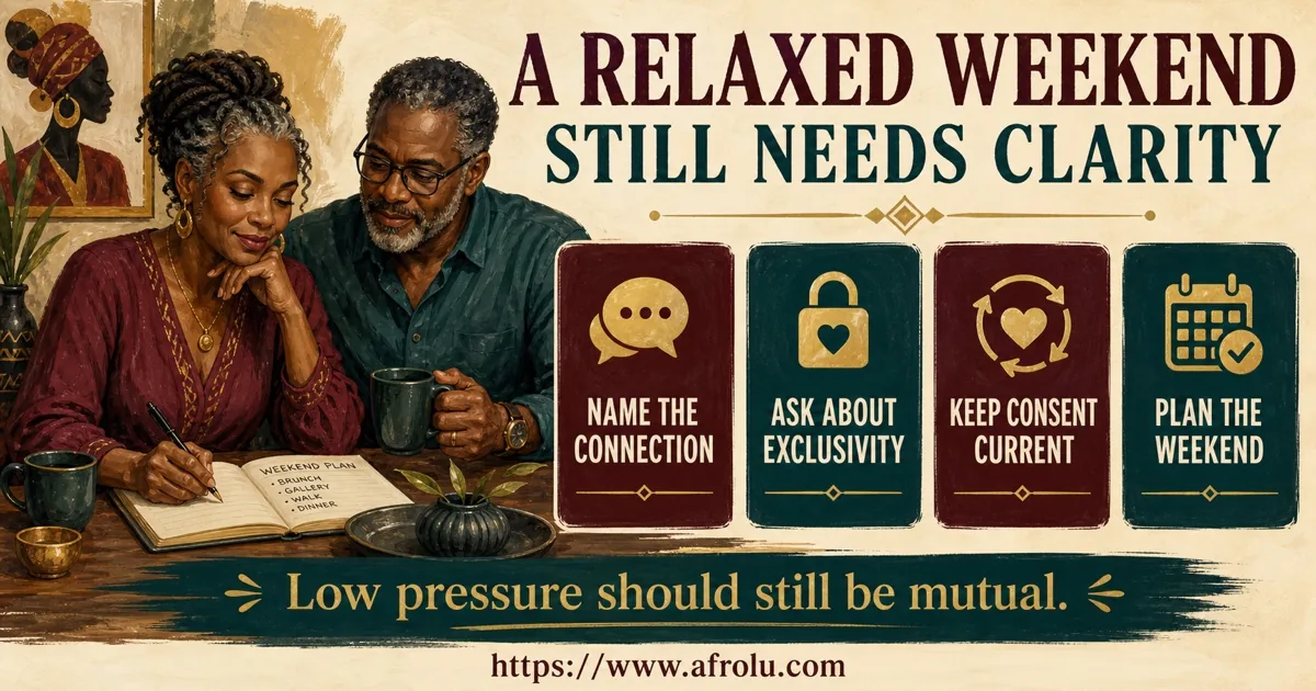 Two mature Black adults define a relaxed weekend connection with four clear agreement steps.