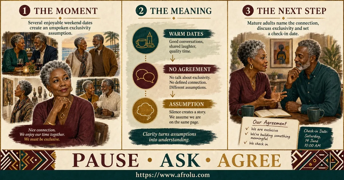 A mature woman pauses, checks an assumption, and agrees on clear weekend terms with her date.