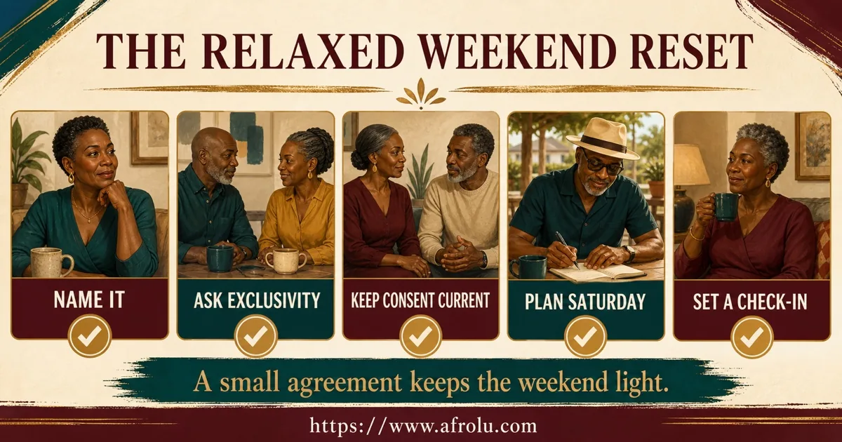 A five-step relaxed weekend reset covers labels, exclusivity, consent, plans, and review.