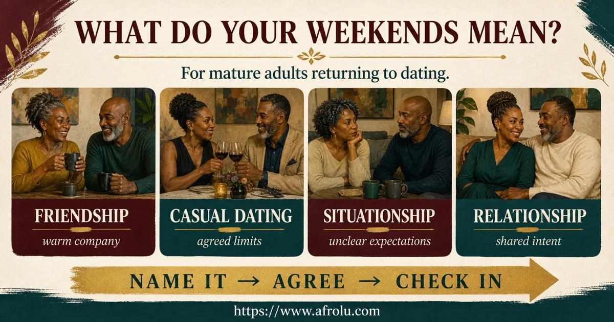 Mature adults compare friendship, casual dating, a situationship, and a relationship.