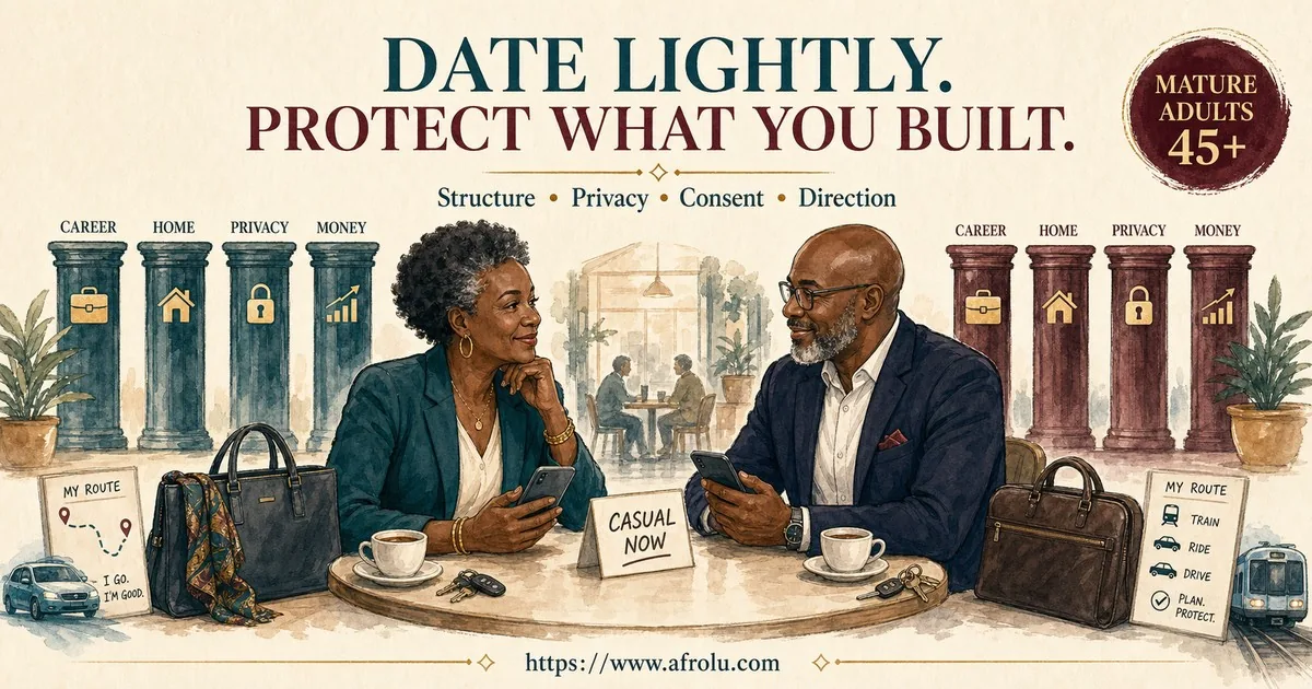 Two Black African mature adult professionals aged 45+ define casual structure while protecting career, home, privacy, money and independent transport.