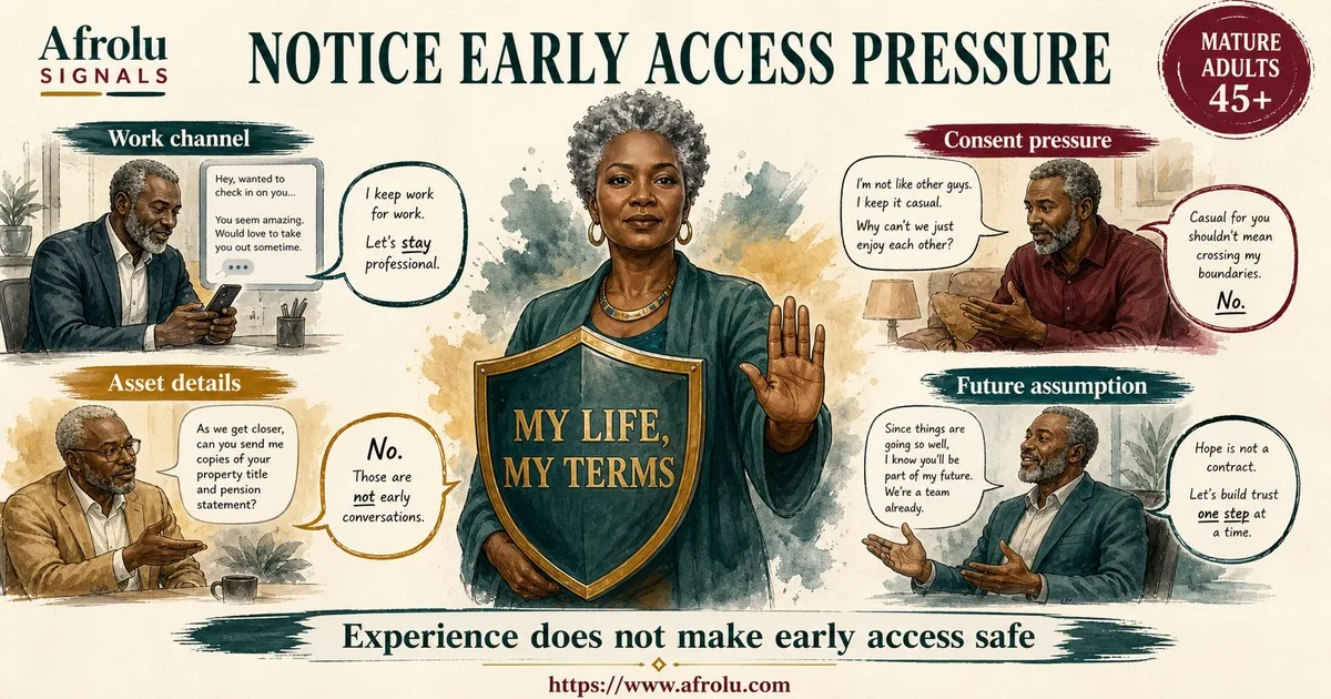 A Black African mature adult rejects work-channel intrusion, asset requests, consent pressure and future assumptions.