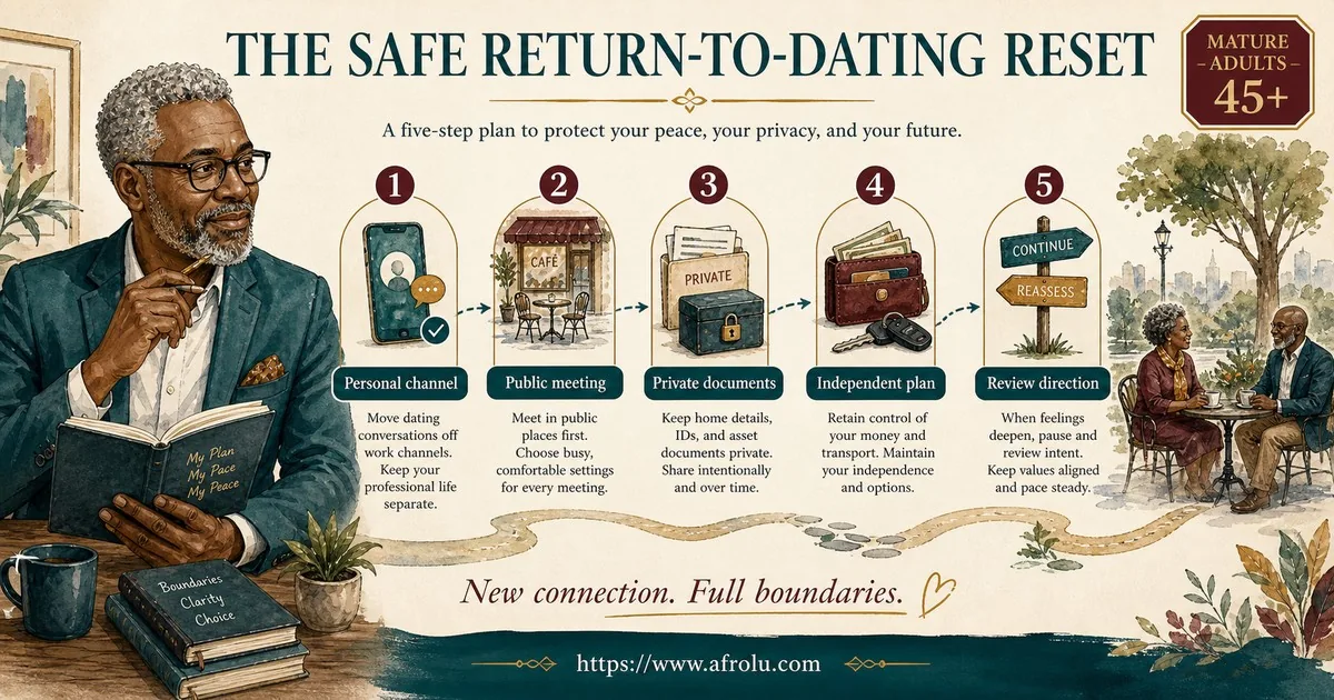 A mature adult moves dating to a personal channel, meets publicly, protects documents, retains an independent plan and reviews direction.