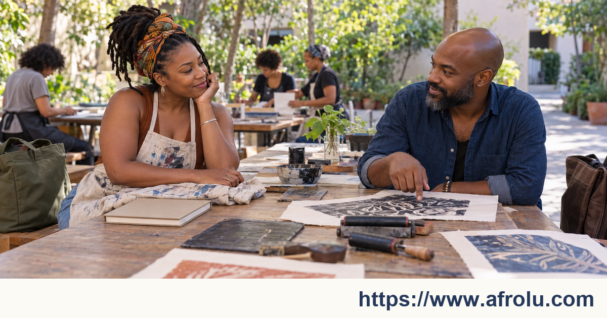 Two adults talk across a printmaking table in a leafy outdoor workshop.