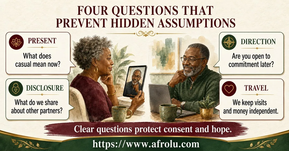 A mature long-distance couple asks clear questions about present structure, future direction, disclosure, and independent travel.