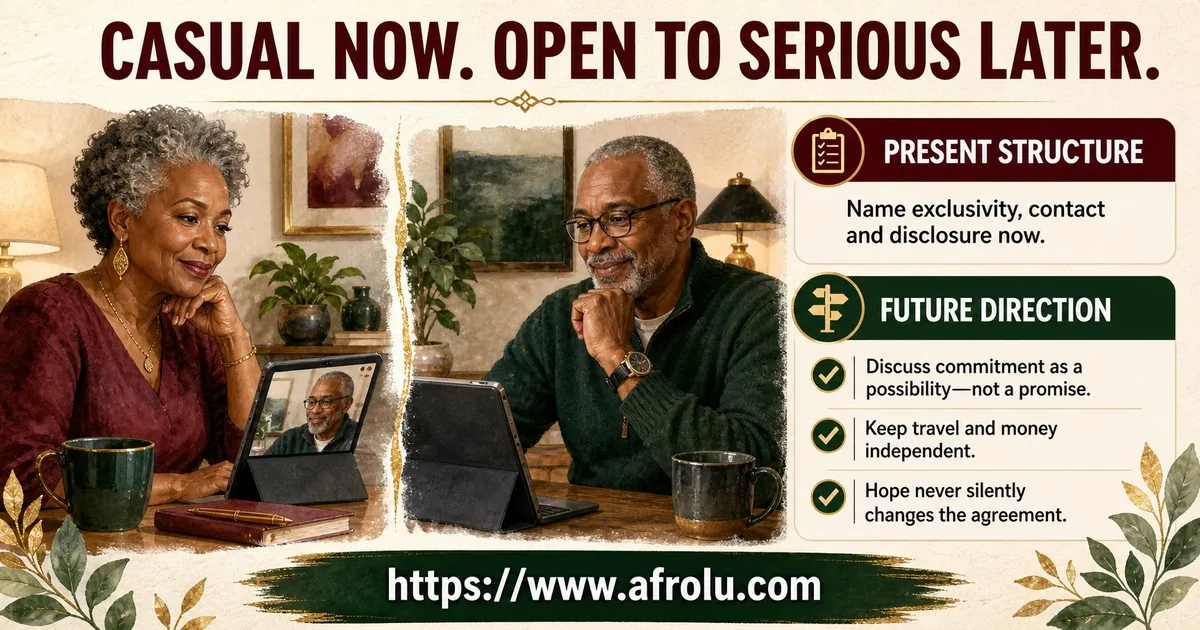 A mature long-distance couple separates today’s casual structure from future commitment potential while keeping travel and money independent.
