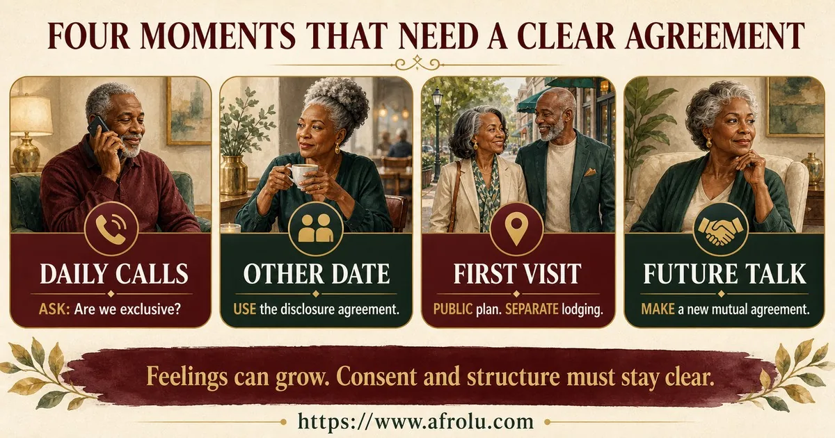 Four mature dating scenarios show how to clarify exclusivity, other-partner disclosure, first-visit safety, and future commitment.