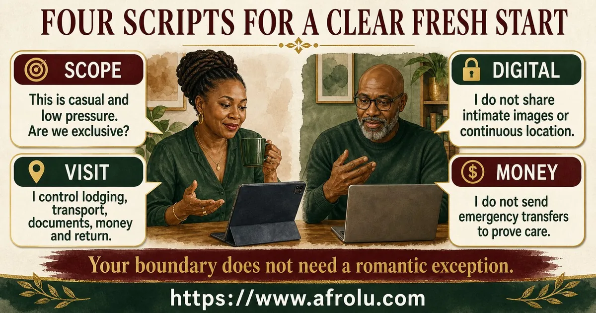 Two mature adults use clear scripts for casual scope, digital consent, safe visits, and money boundaries.