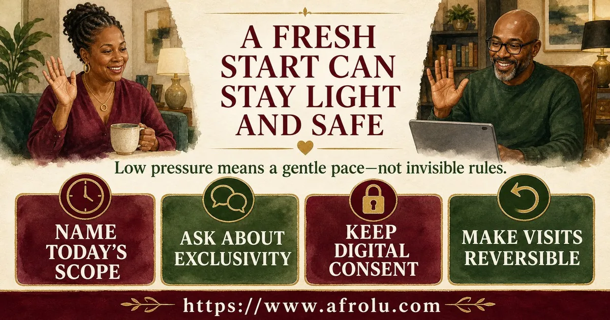 Two mature adults name casual scope, exclusivity, digital consent, and reversible visits in a low-pressure long-distance fresh start.