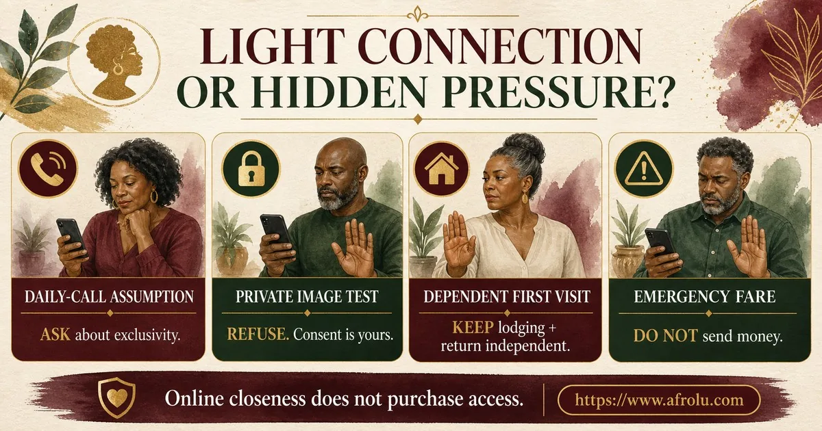 Four scenarios show how to clarify exclusivity, protect digital consent, keep visits independent, and refuse emergency money requests.