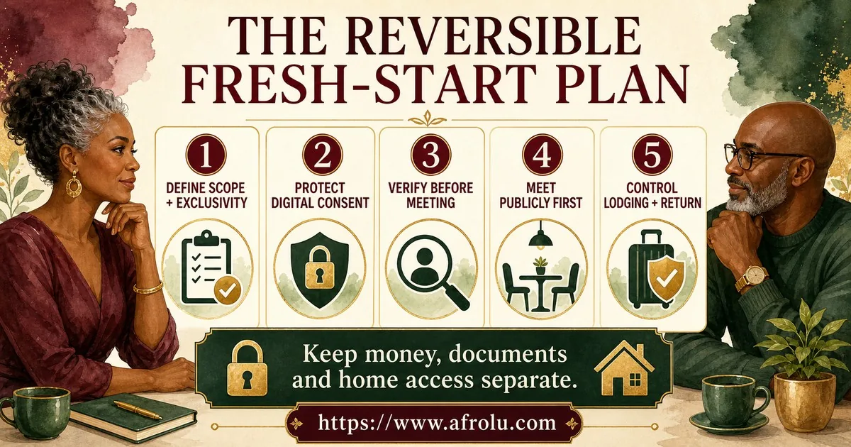 Five steps help an adult define scope, protect digital consent, verify identity, meet publicly, and control lodging and return.