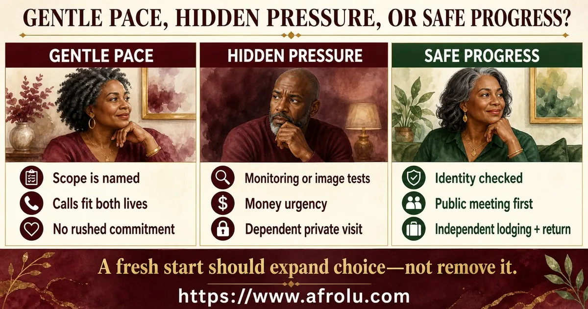 Three columns distinguish a gentle low-pressure pace, hidden online pressure, and safe long-distance progress.
